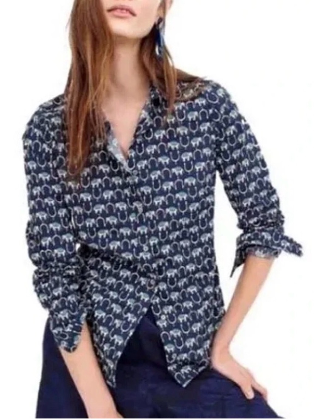 J.Crew Elephant Print Perfect Shirt Navy Blue Cotton Button Down Top 2 Preppy
